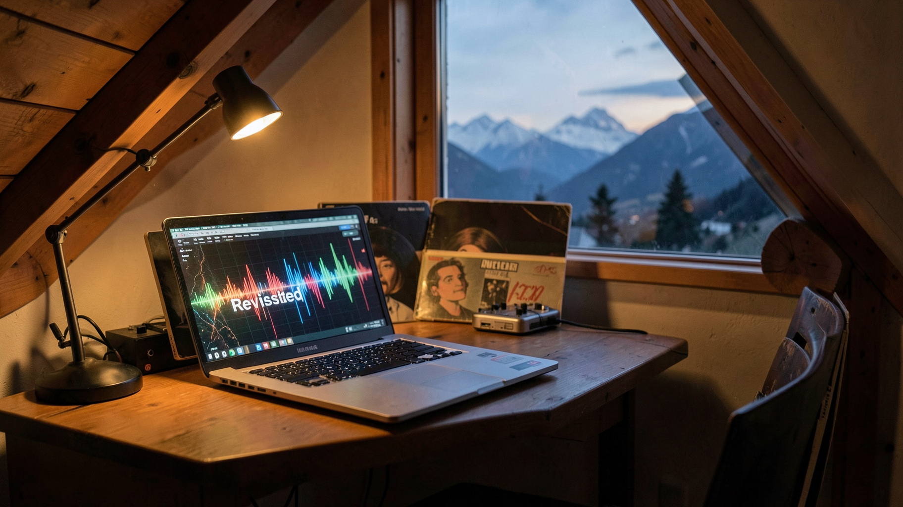 A cozy home broadcasting setup in an Austrian attic with vinyl records and a laptop screen reading Revisited