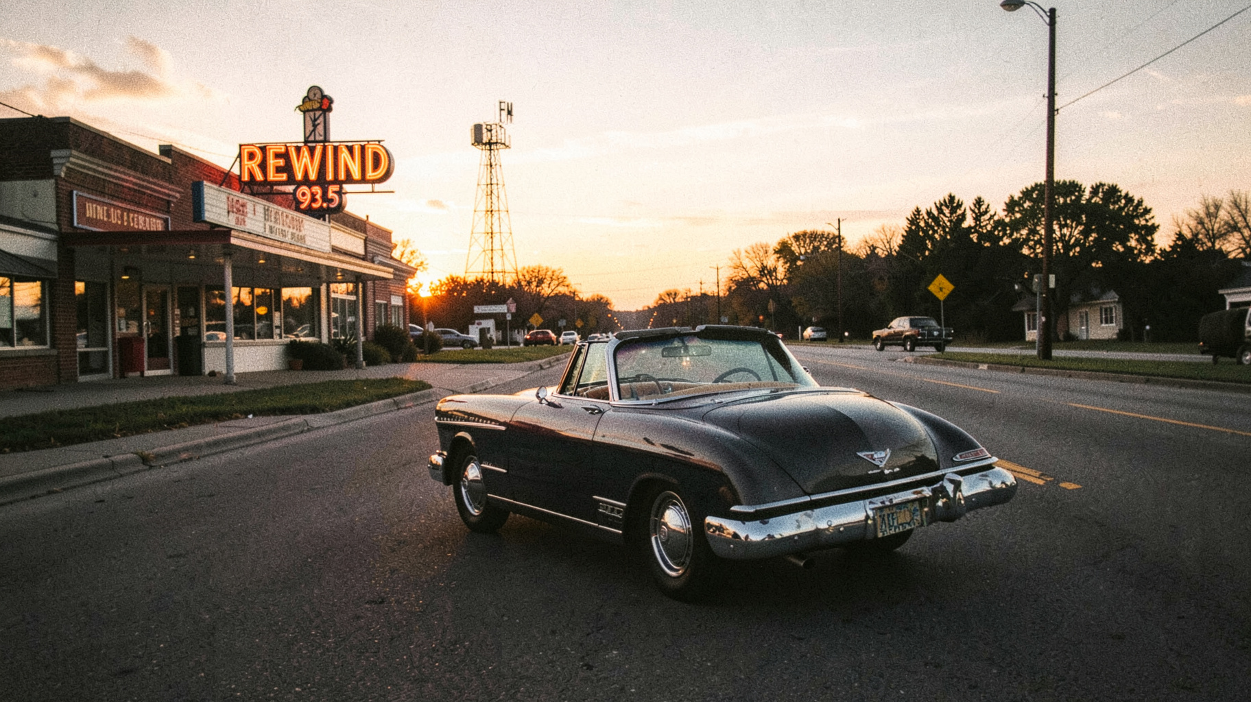 Vintage convertible cruising an Illinois highway at sunset with a Rewind 93.5 marquee