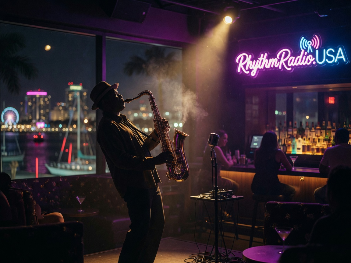 A smooth jazz saxophone player performing in silhouette at a late-night lounge with a glowing RhythmRadio.USA neon sign