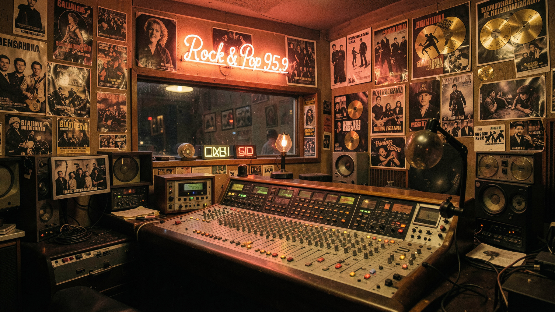A legendary 1980s Buenos Aires radio studio with vintage equipment and a Rock & Pop 95.9 neon sign