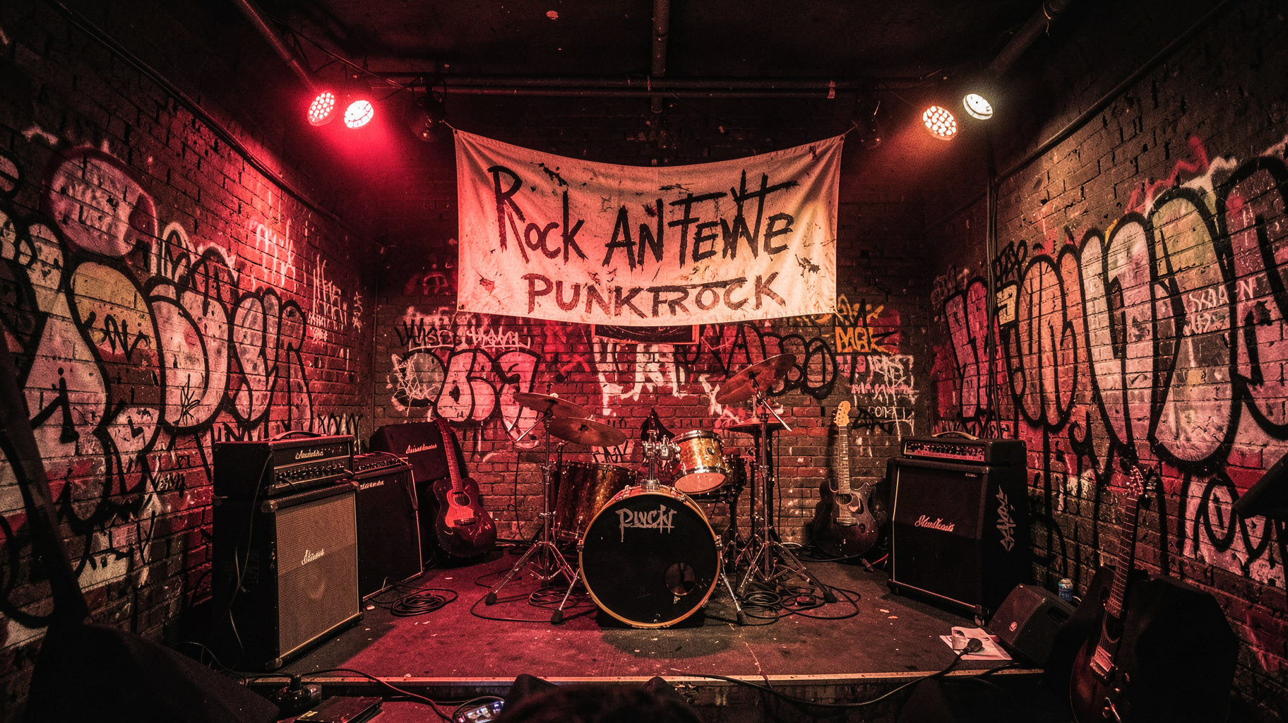 A gritty underground punk club stage with a Rock Antenne Punkrock banner and amber stage lighting