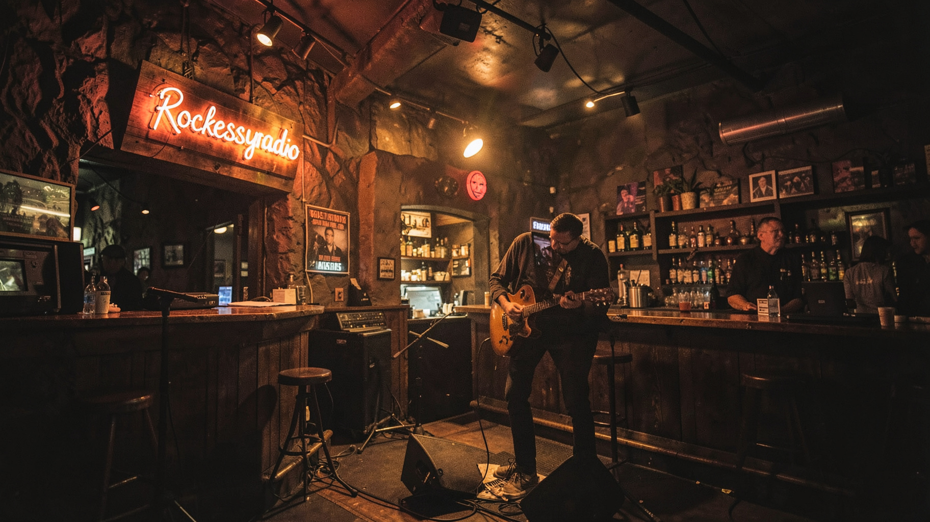 A dimly lit blues and rock pub in Perth with a neon Rockeasyradio sign above the bar