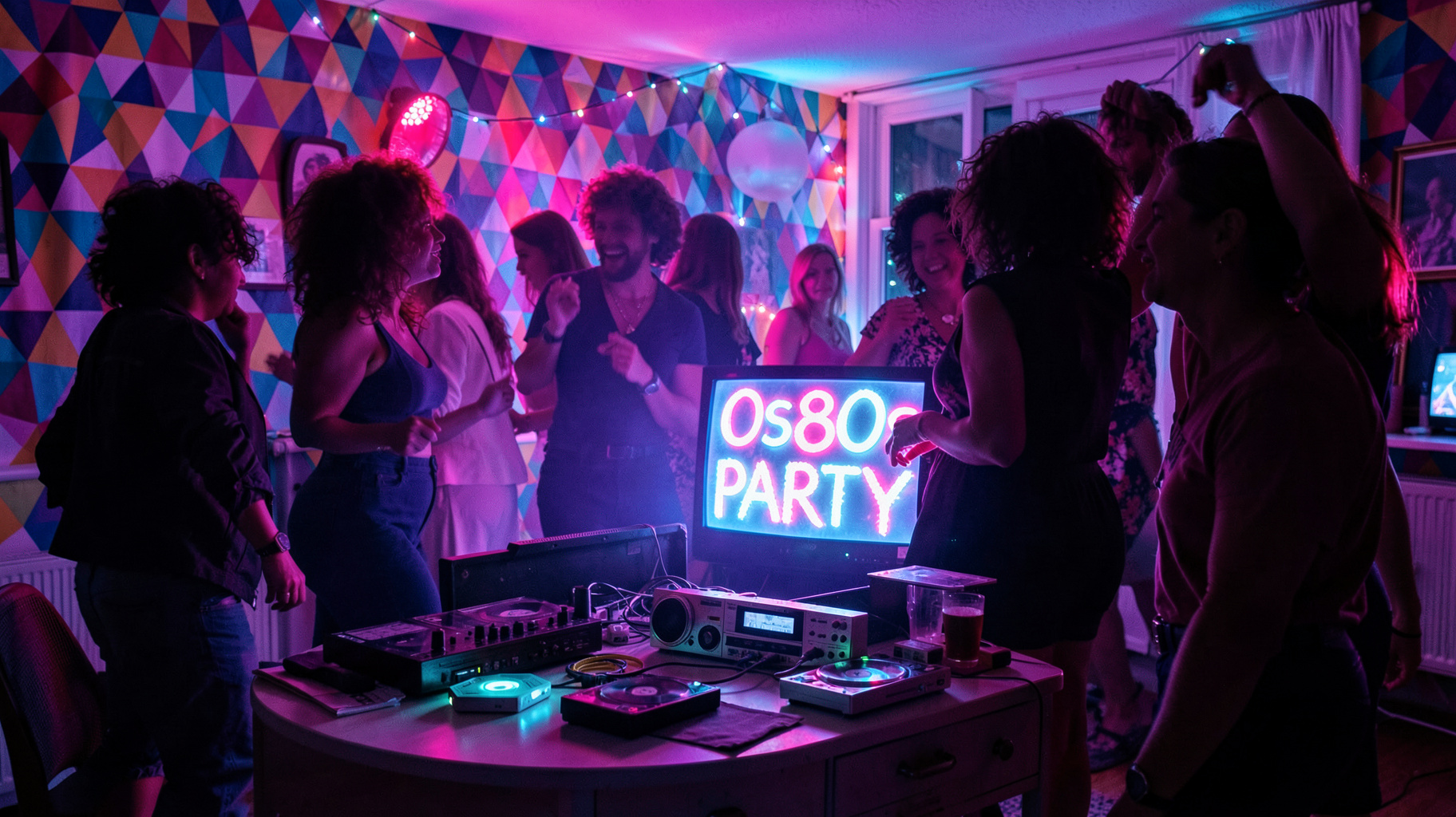A neon-lit 1980s house party scene with a retro TV glowing '80s80s PARTY'