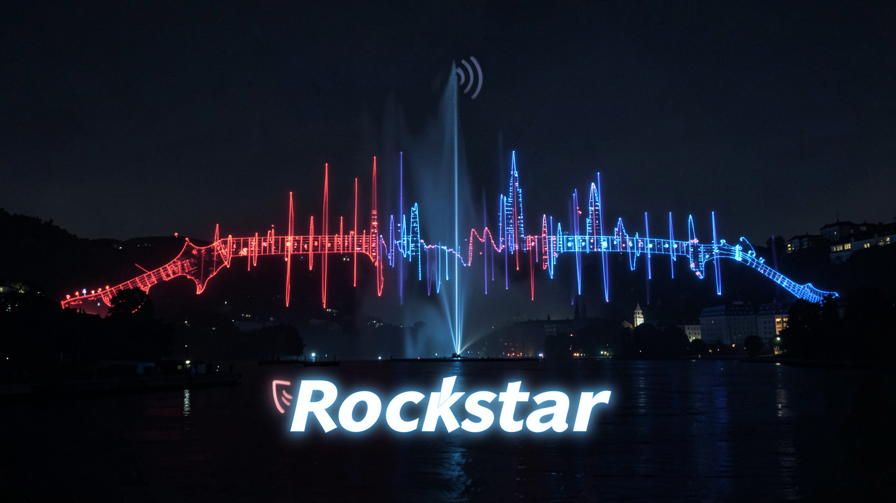 Abstract guitar-shaped sound waves glowing over Geneva's Jet d'Eau and Lake Geneva skyline for Rockstar Radio