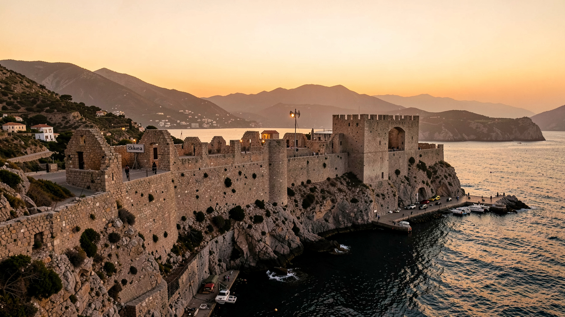 The Venetian Fortezza fortress of Rethymno Crete at sunset with a sign reading Rokkea