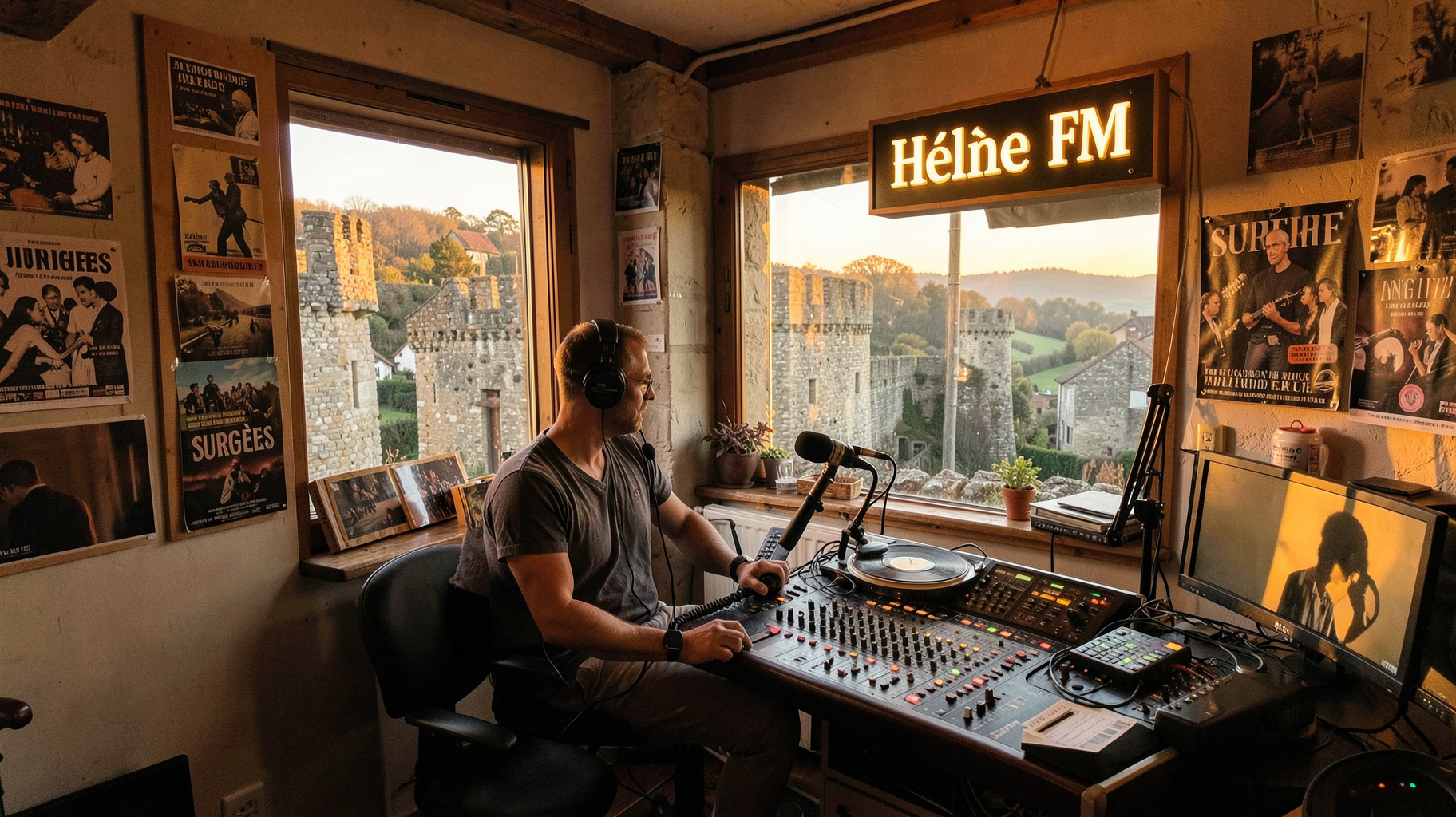 A cozy small-town French radio studio overlooking the ramparts of Surgères with a sign reading Hélène FM