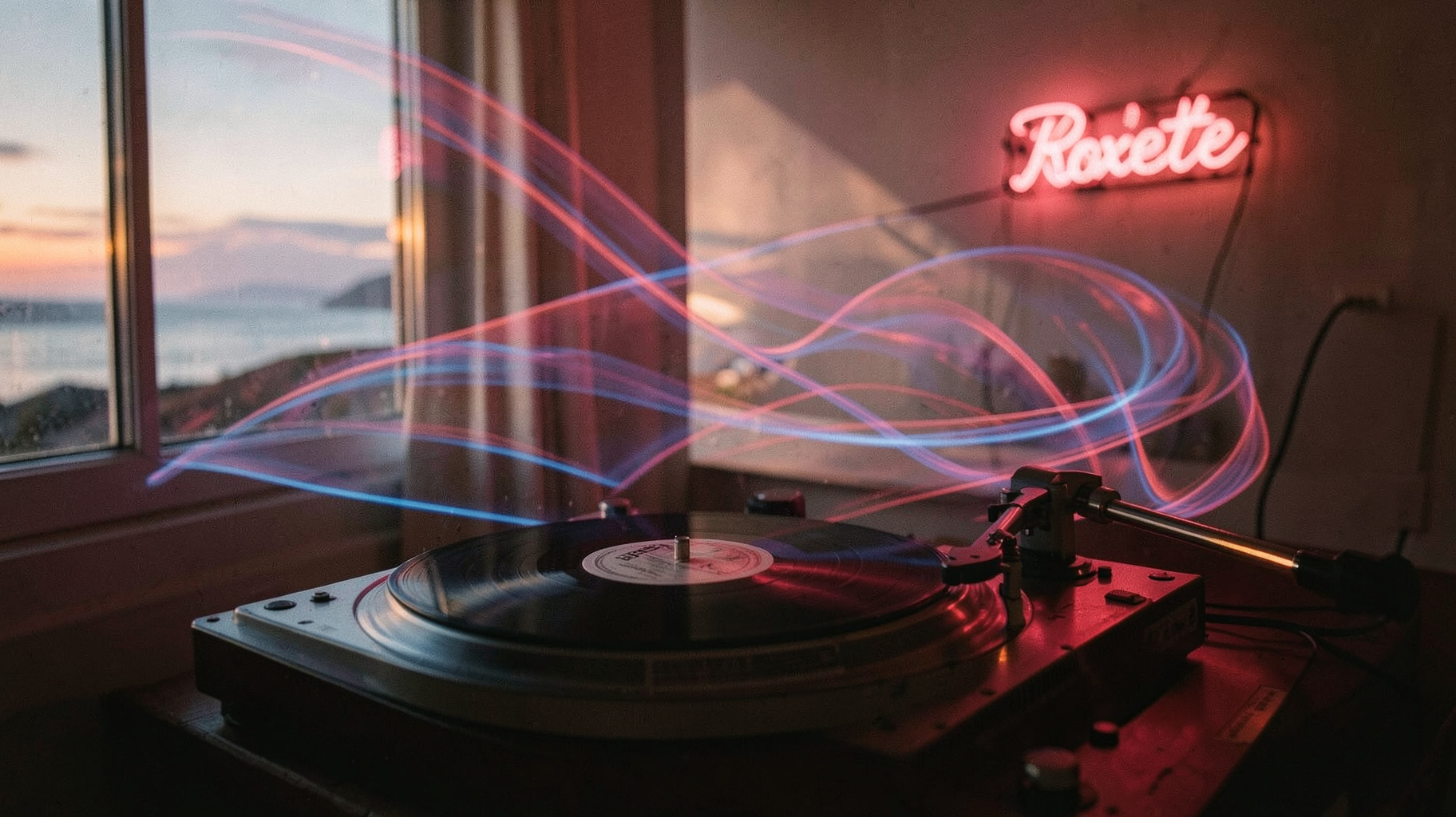 A vinyl record spinning at dusk with a neon sign in the background reading Roxette