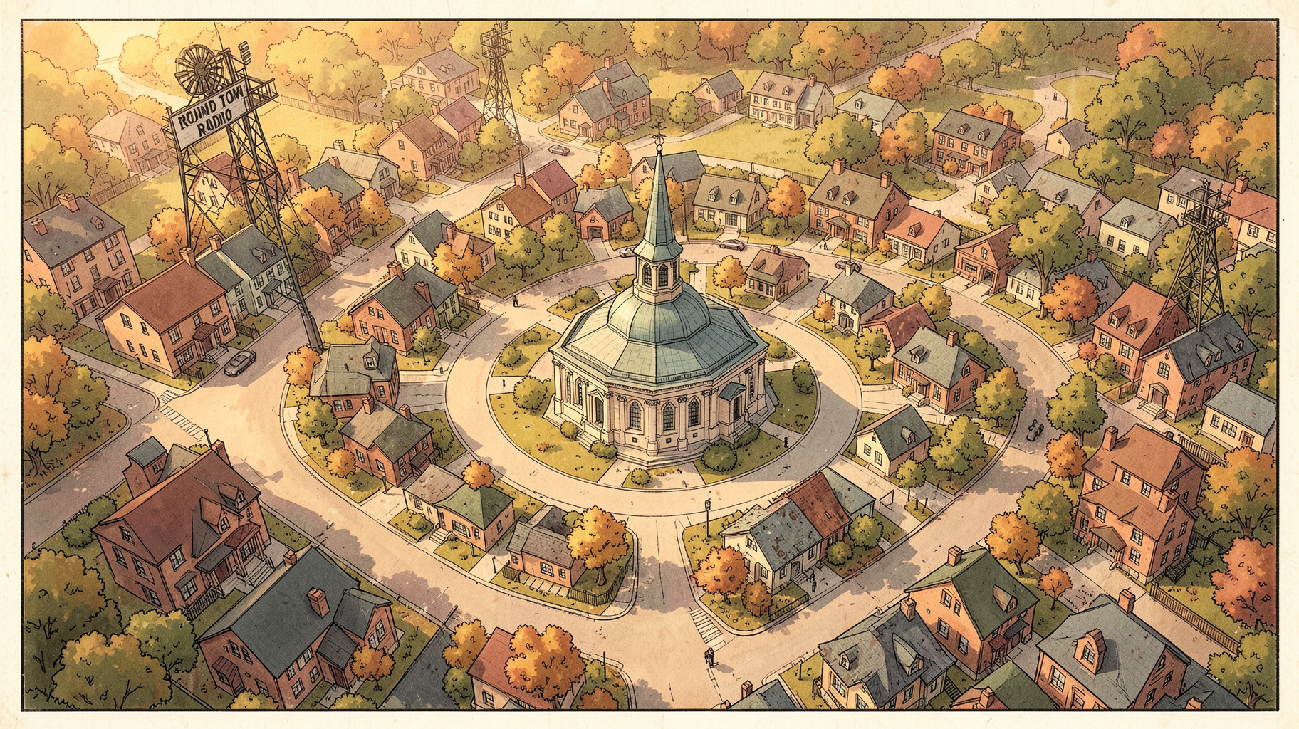 An illustrated aerial view of Circleville, Ohio's historic circular street plan with a radio tower on the edge of town labeled Round Town Radio