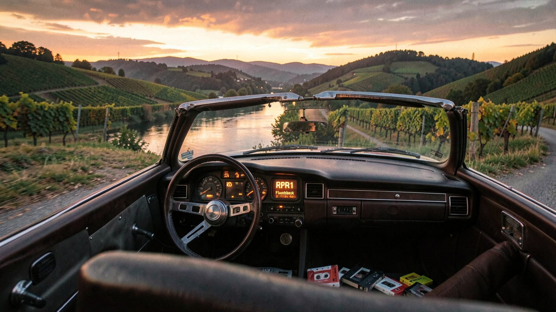 A vintage convertible driving through the Rhine valley at sunset with a dashboard reading RPR1. Flashback