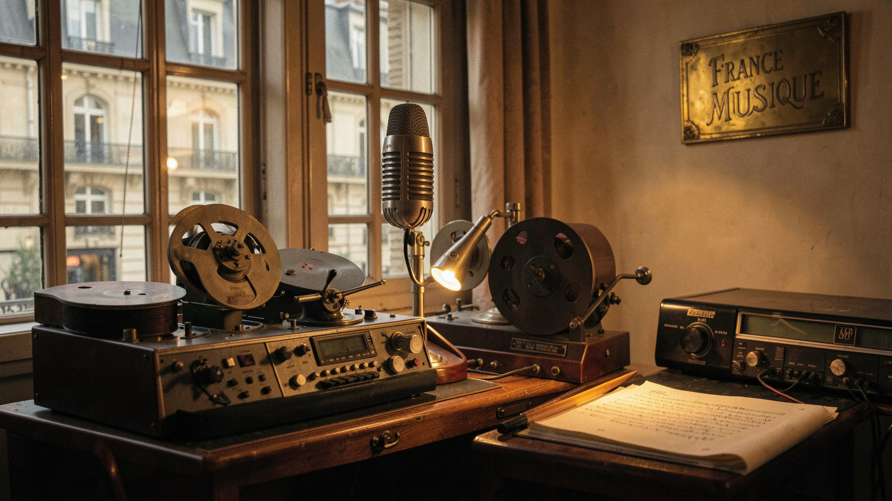 A vintage 1950s French radio studio with ribbon microphones and a brass plaque reading France Musique