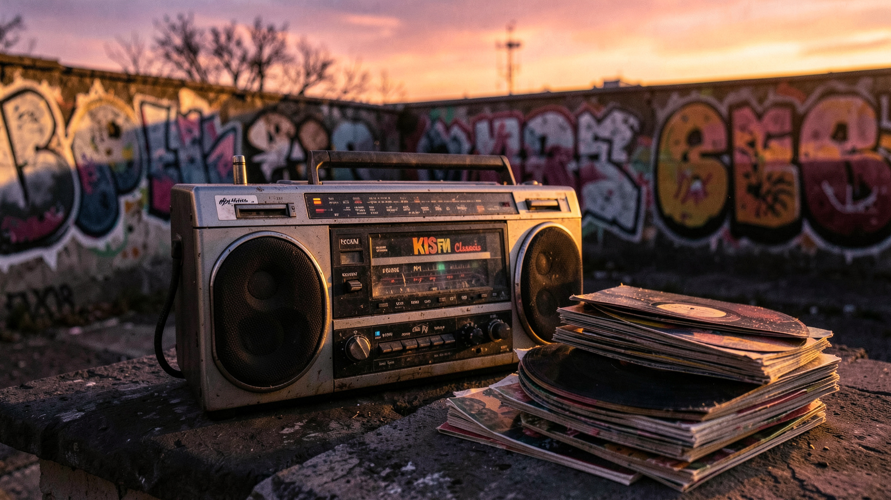 A vintage boombox and vinyl records on a Berlin rooftop with a sticker reading KISS FM Classics