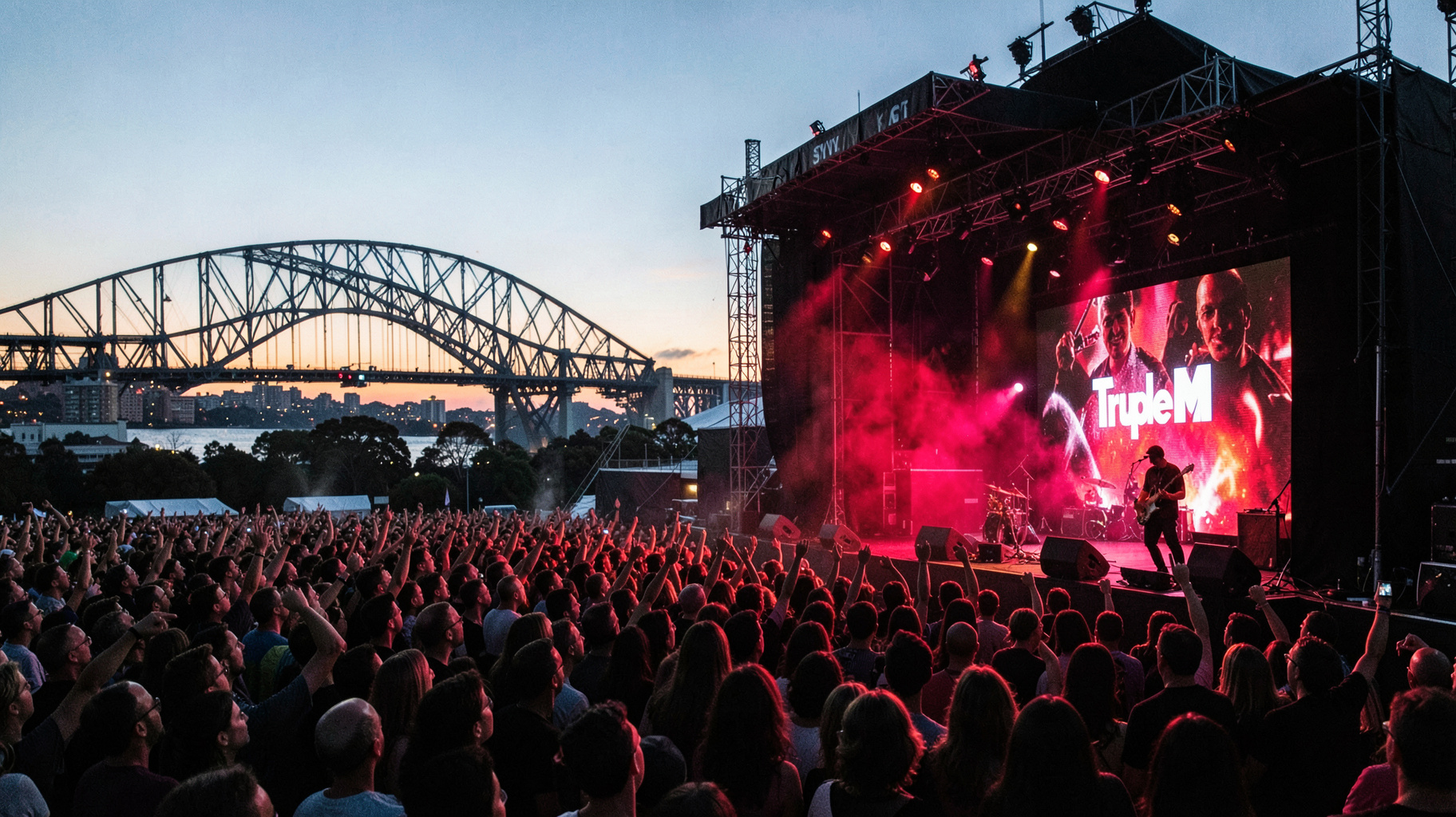 A classic rock concert crowd at an outdoor Sydney venue at dusk with the Harbour Bridge in the distance