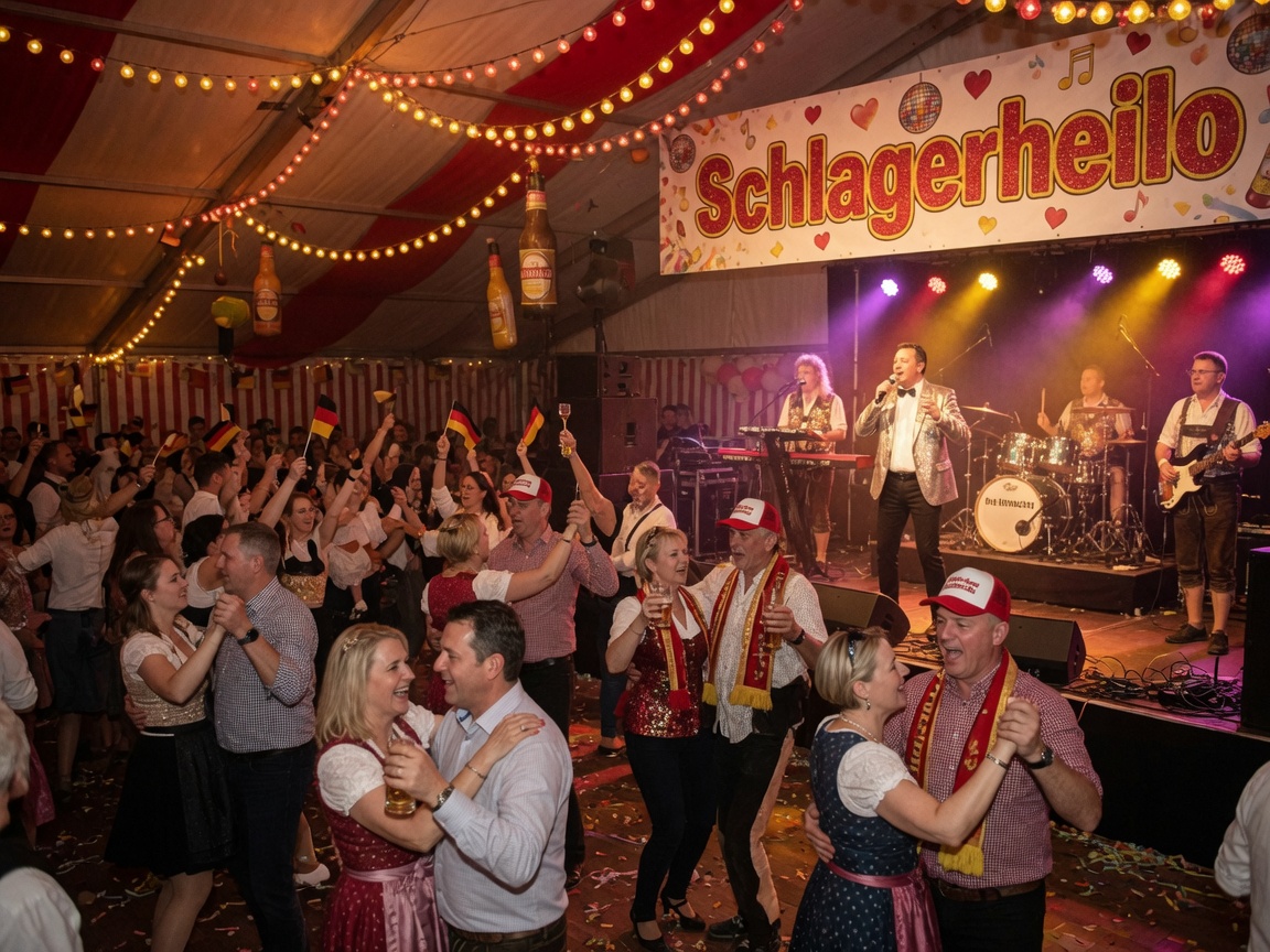 A lively German schlager festival tent at night with couples dancing Discofox under a Schlagerheilo banner