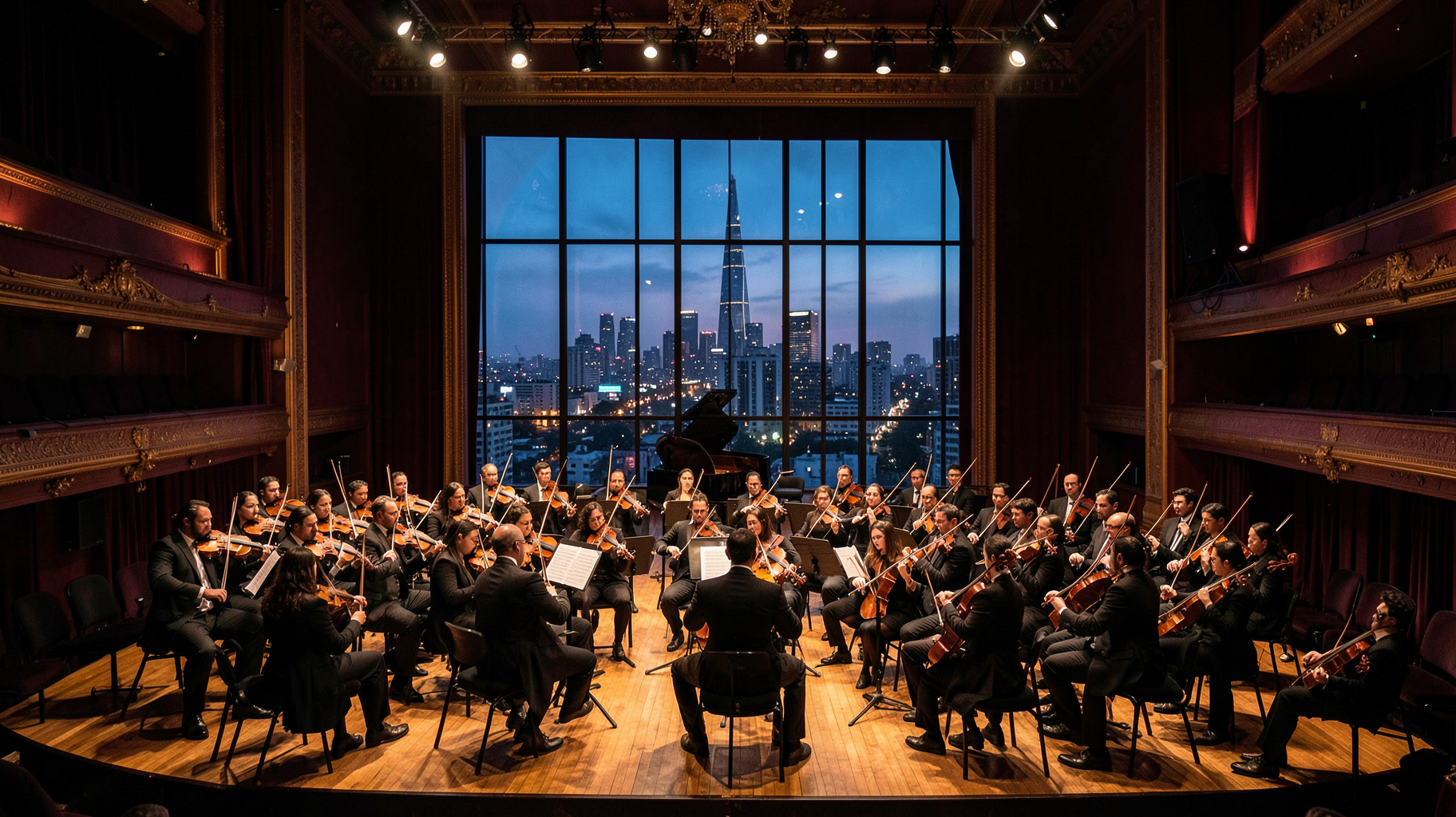 A symphony orchestra performing in a grand concert hall with the Johannesburg skyline visible through a window