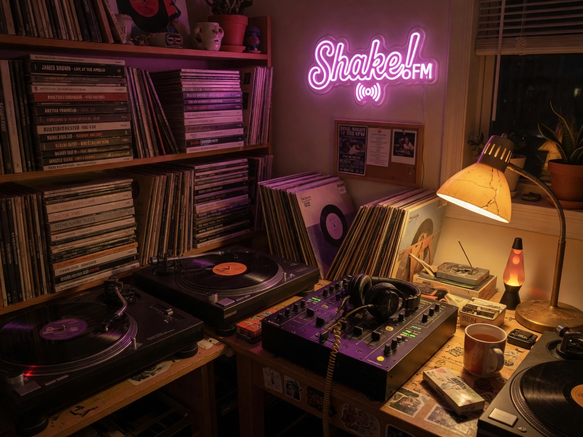 A cozy home DJ studio with turntables, vinyl records, and a glowing neon Shake!FM sign