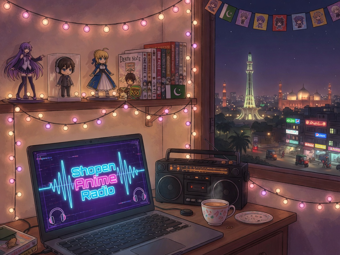 A cozy bedroom radio setup at night with anime figures and Lahore's skyline in the window