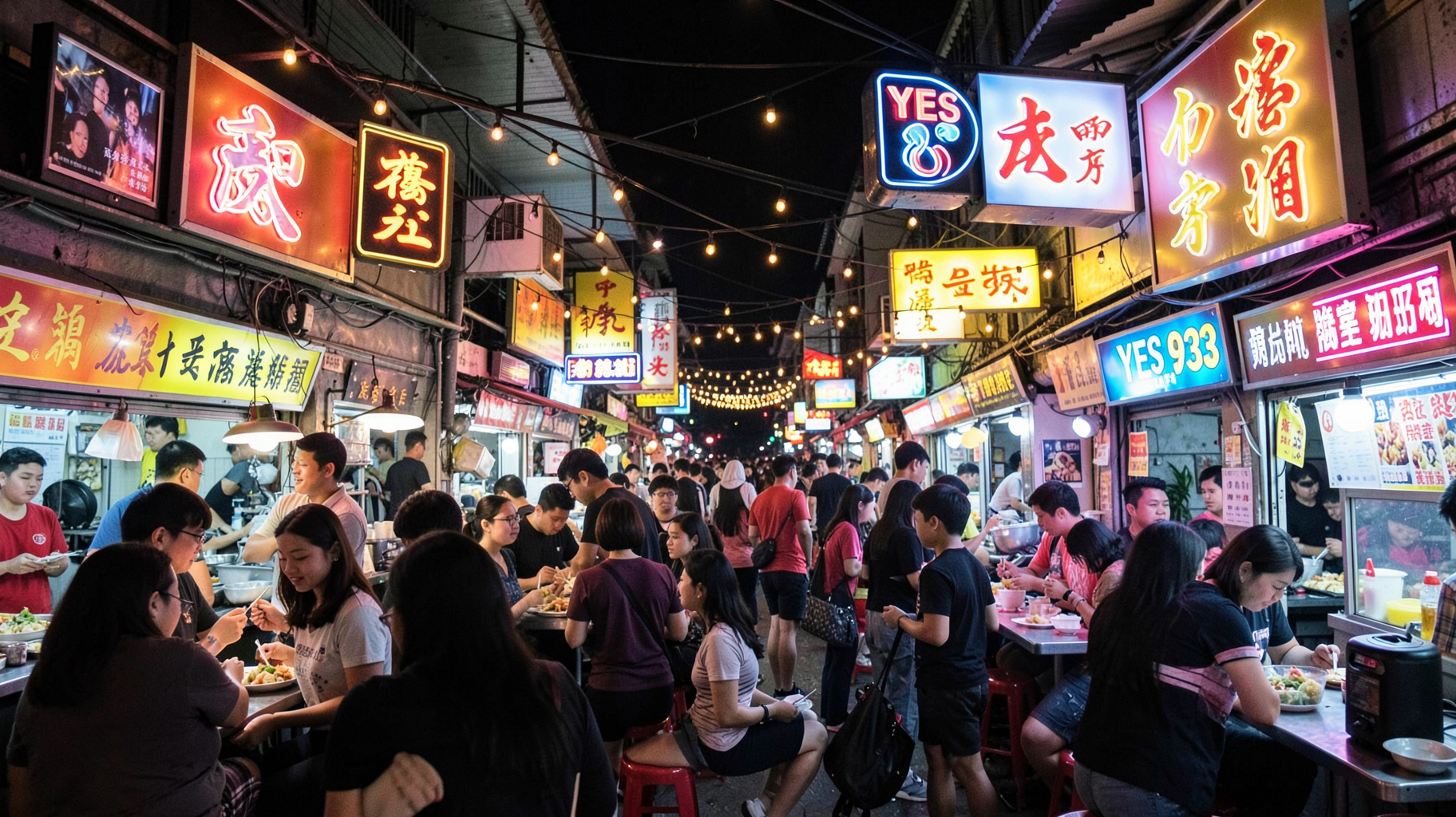 A bustling Singapore hawker center at night with neon signage and a glowing sign reading YES 933