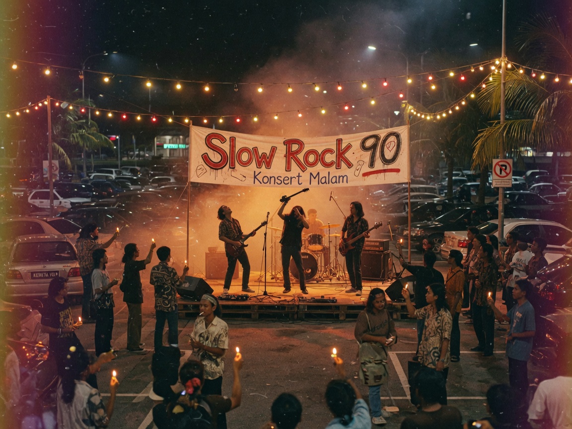 A nostalgic 1990s Malaysian outdoor concert with a banner reading Slow Rock 90, inspired by Slow Rock 90' radio