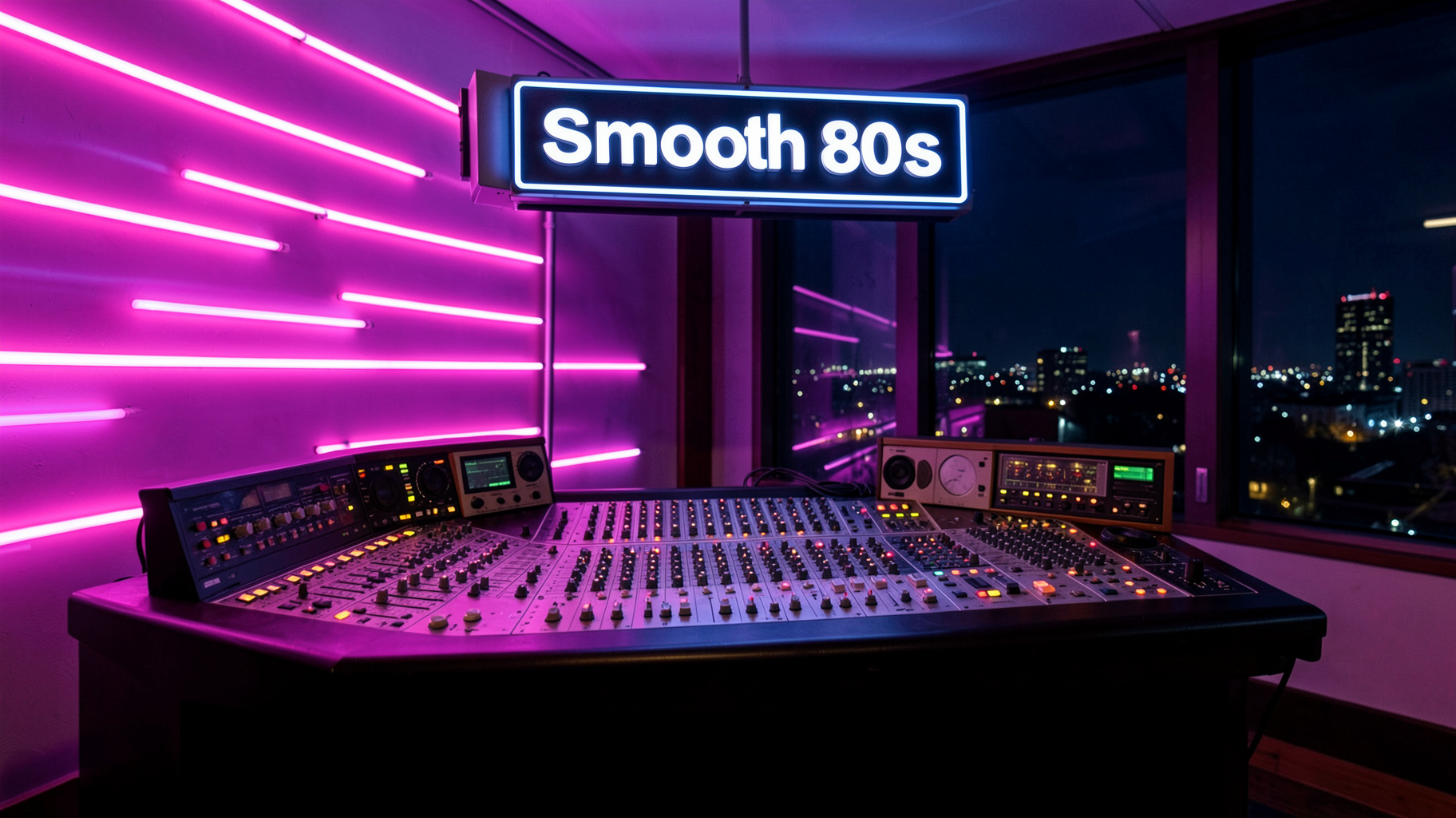 A stylish British radio studio at night with a glowing sign reading Smooth 80s