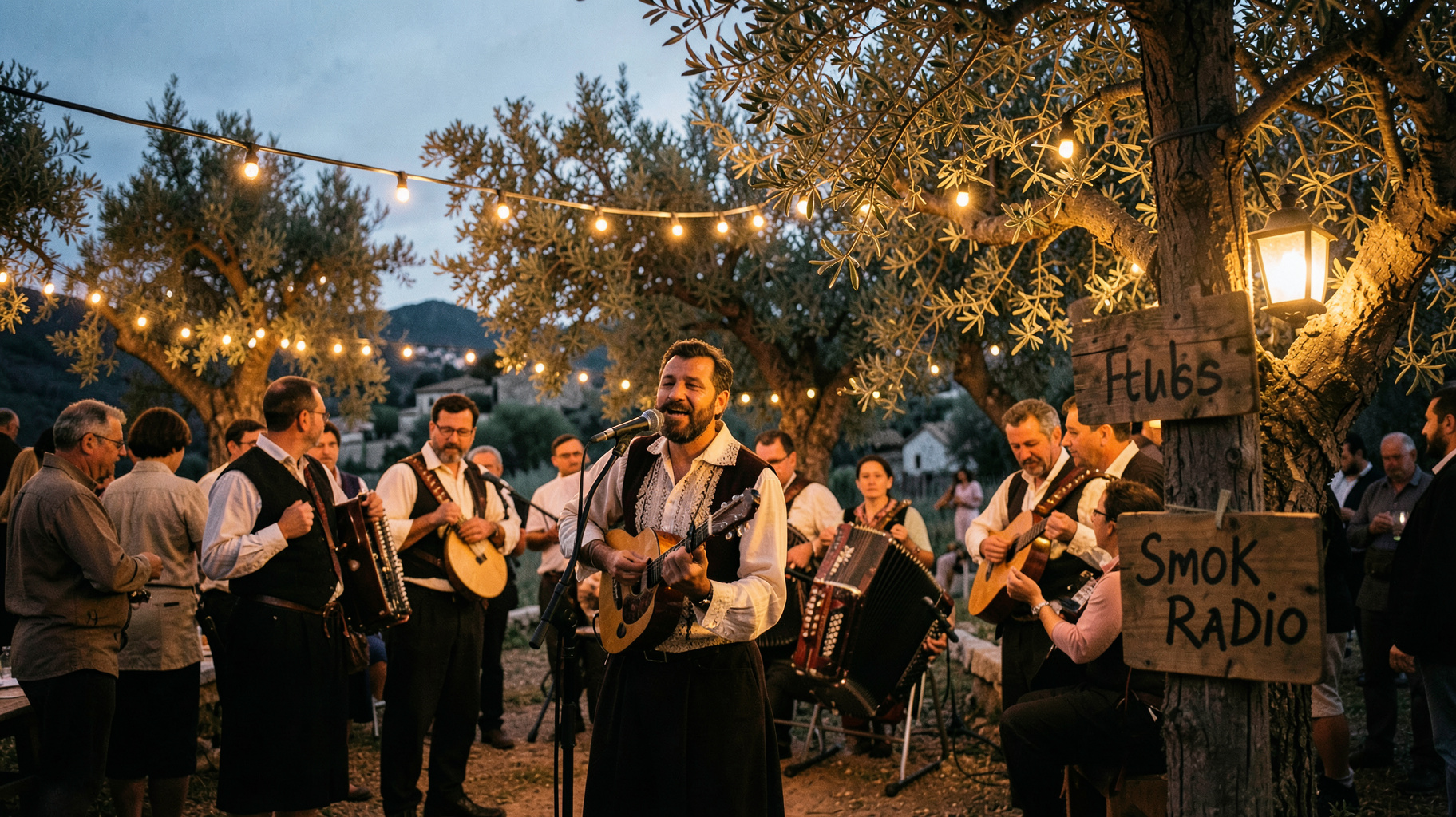 Greek folk singer performing at a village panigyri festival at dusk with a Smok Web Radio sign