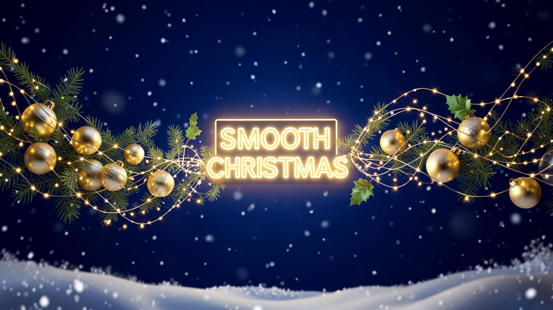 Abstract golden Christmas baubles and radio sound waves with a neon sign reading Smooth Christmas