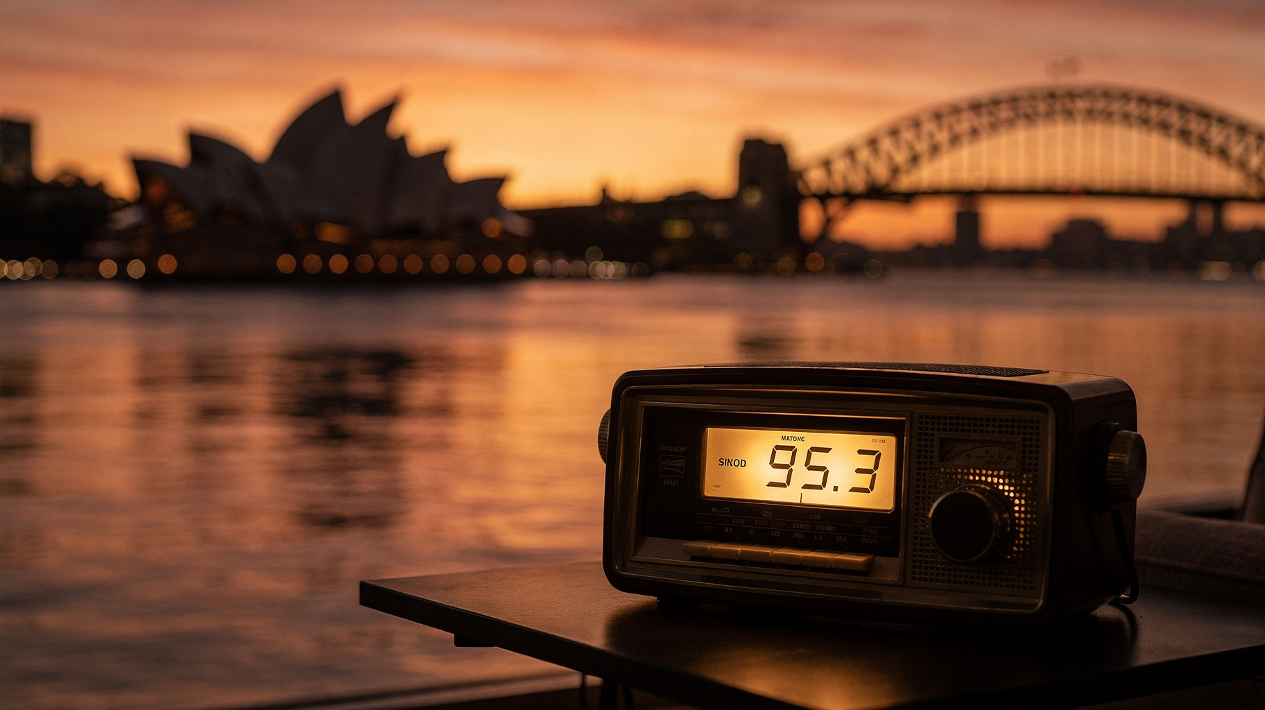 Sydney Harbour at golden hour with the Opera House and Harbour Bridge silhouetted behind a glowing vintage radio dial reading 95.3, inspired by Smooth FM 95.3 Sydney