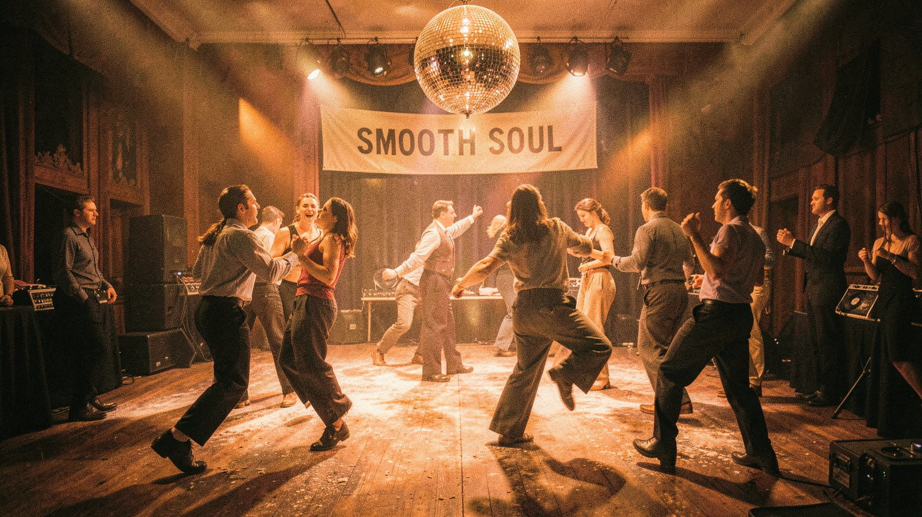 A packed 1970s Northern Soul all-nighter dance floor under a mirror ball with a banner reading Smooth Soul