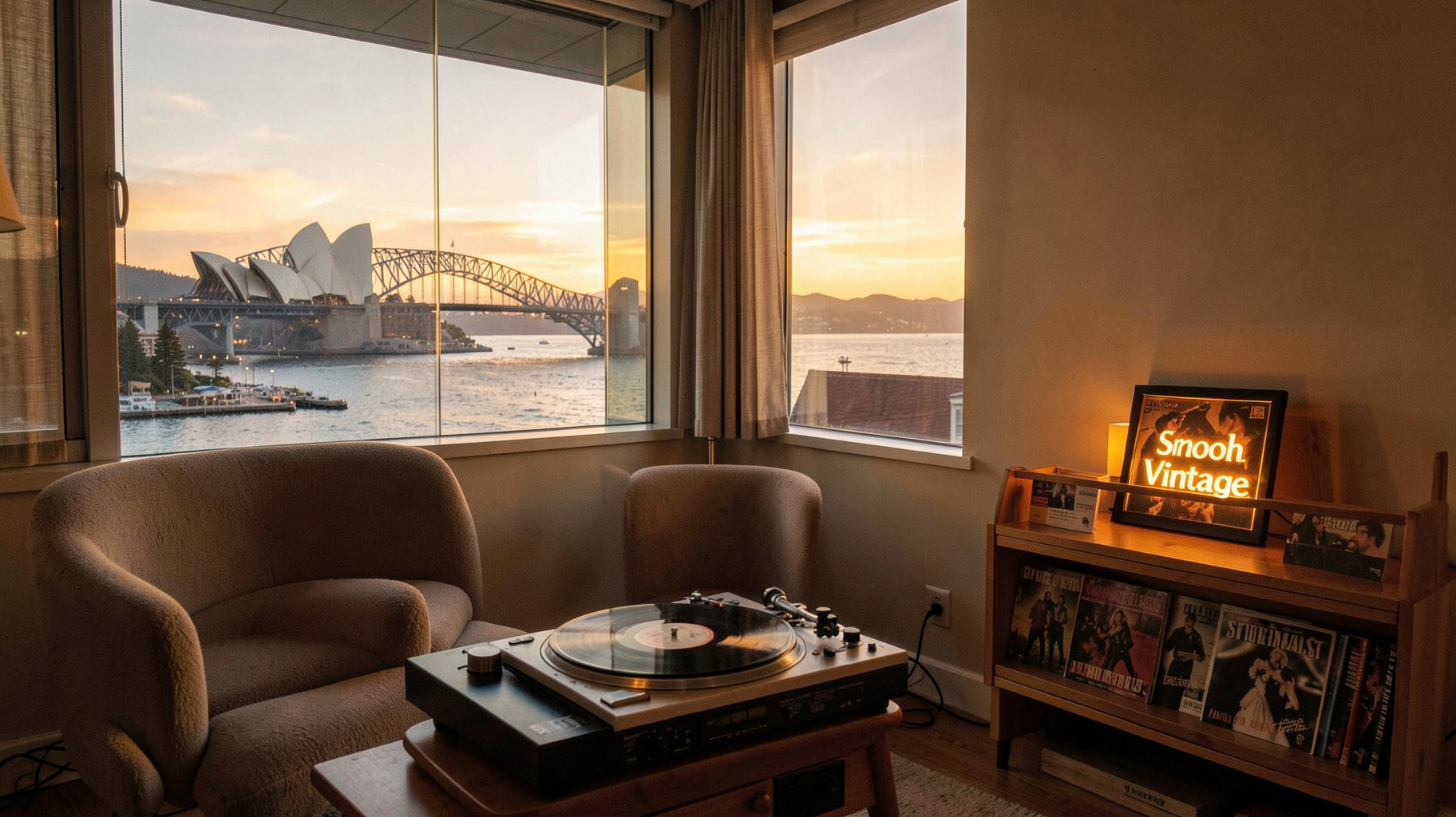 Retro Sydney living room with vinyl turntable, Smooth Vintage sign, and Harbour Bridge view