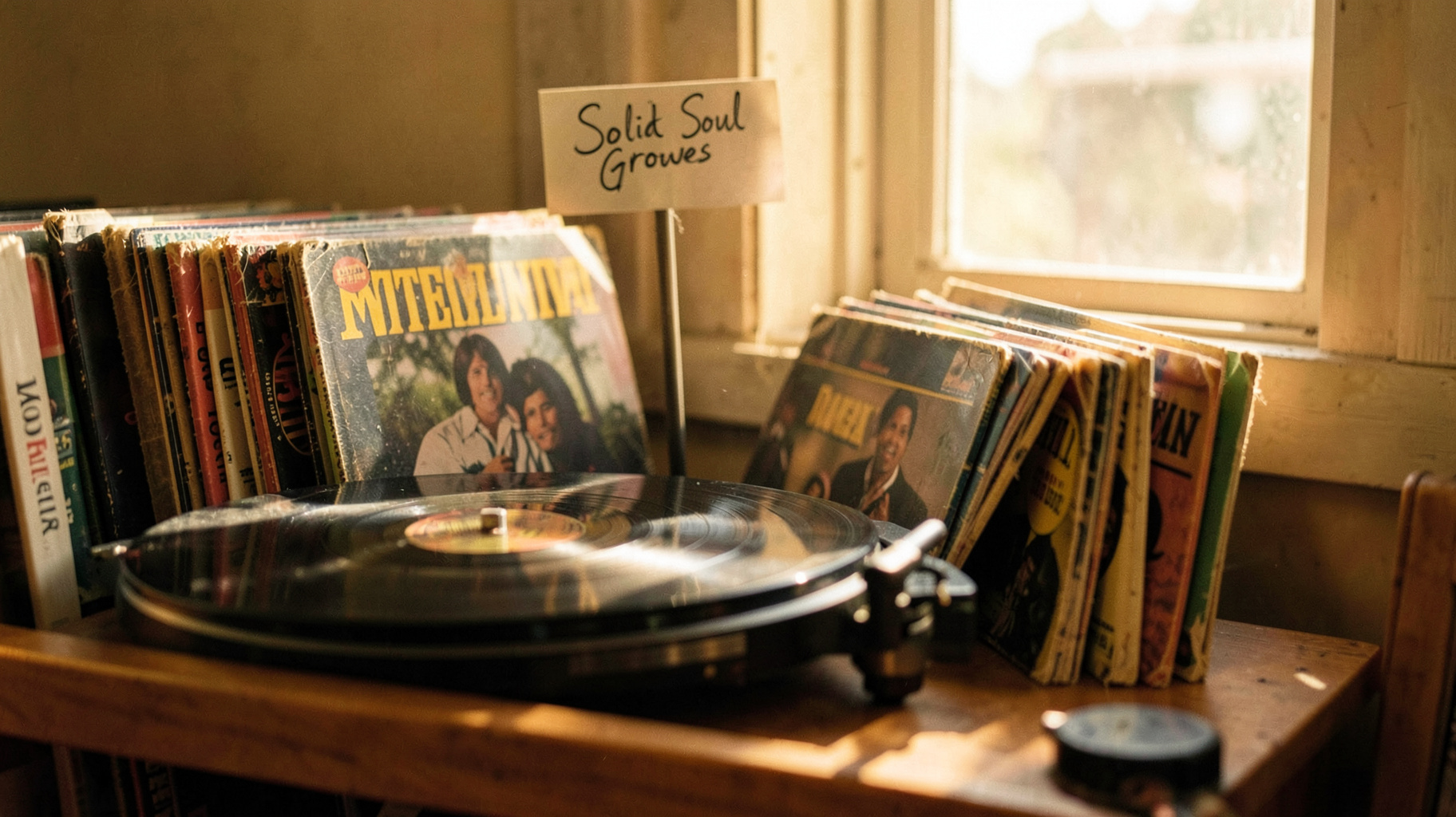 A vinyl record collection and turntable in warm afternoon light