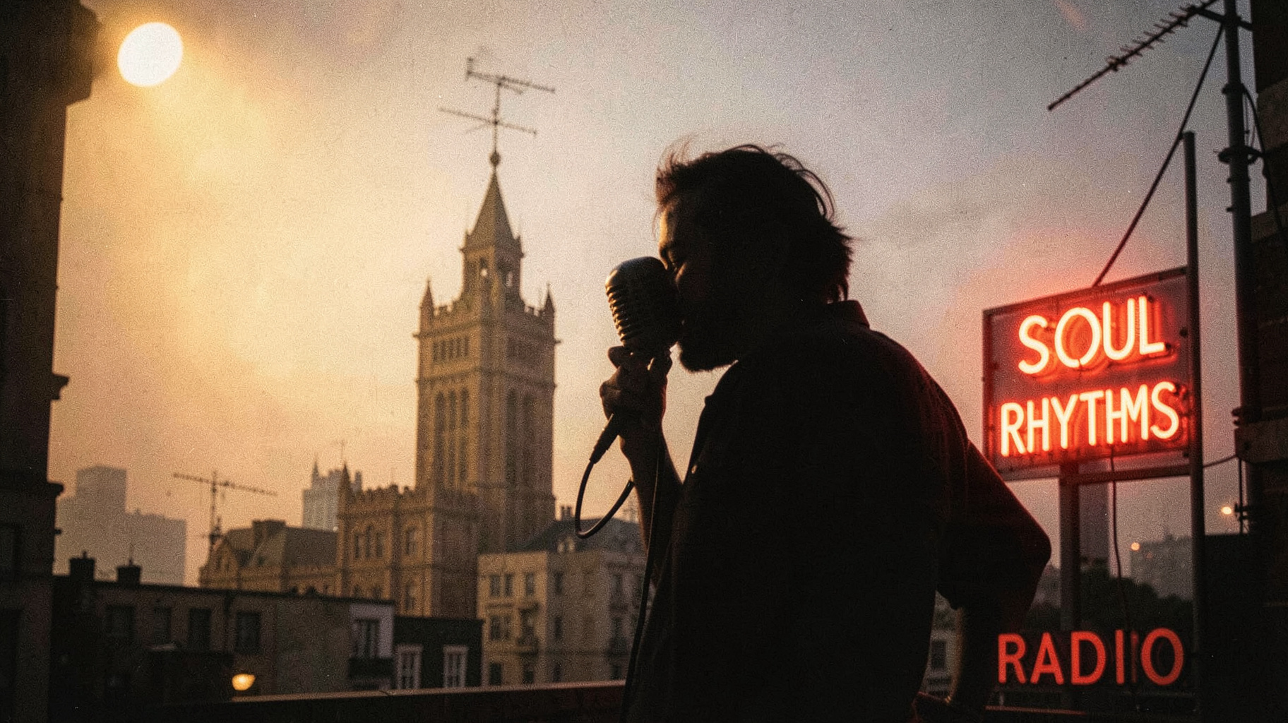 Soul singer silhouette on stage with a London rooftop and a neon Soul Rhythms Radio sign
