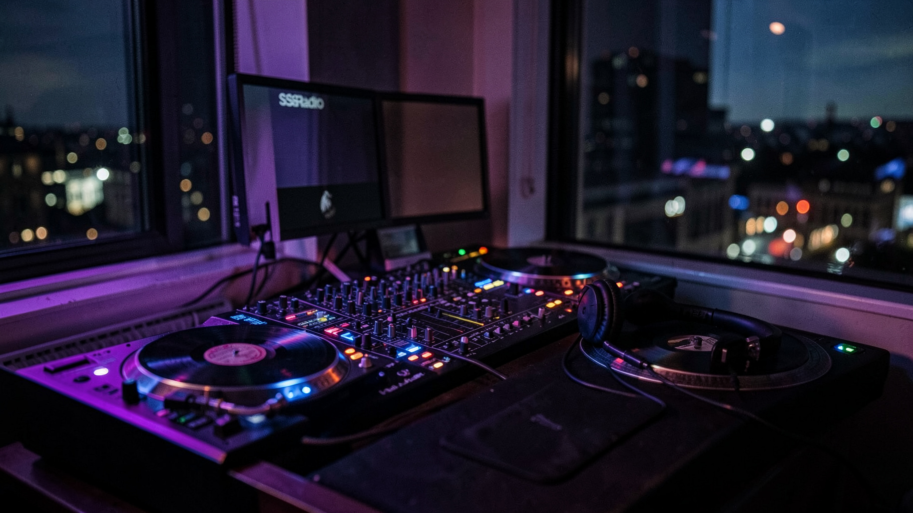 A moody London home studio with DJ decks glowing purple and blue and a screen displaying SSRadio