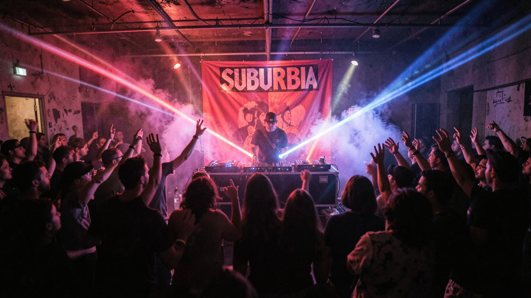 A packed underground rave in Athens with lasers and a banner reading SUBURBiA above the DJ booth