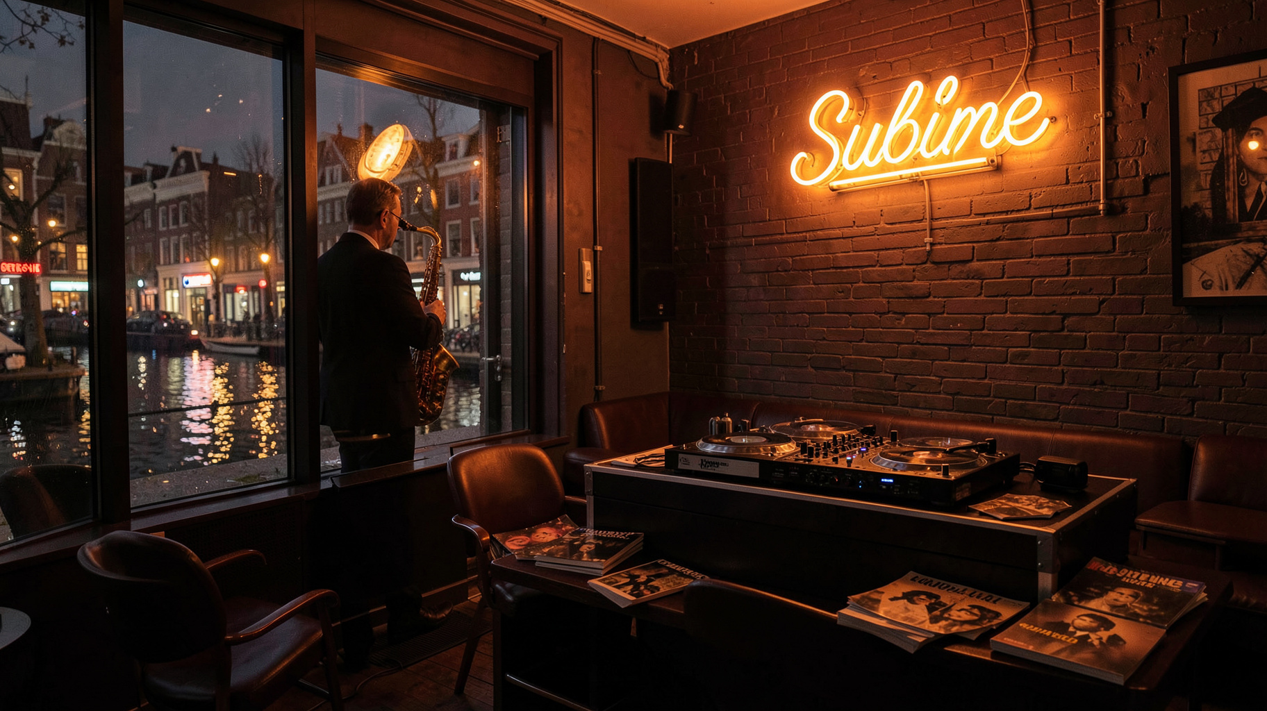 A stylish Amsterdam jazz lounge at night with a neon Sublime sign glowing above a DJ booth and vinyl records