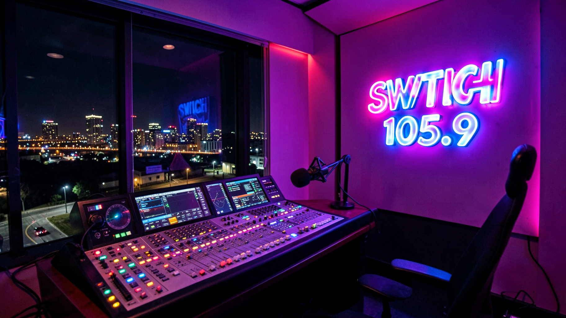A modern pop radio studio at night with neon lighting and the Ciudad Juárez skyline in the background