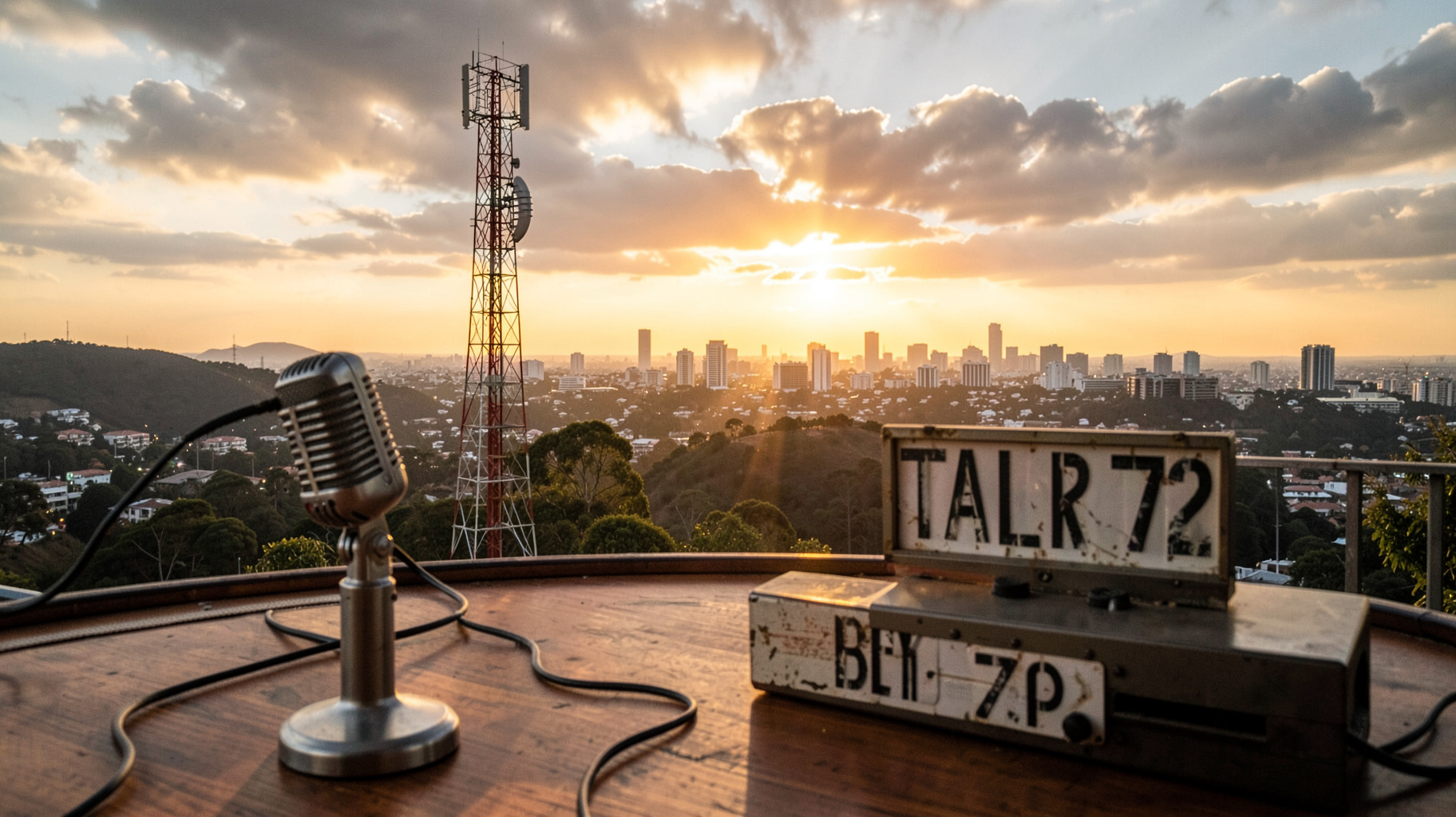 A radio transmitter tower over Johannesburg at sunrise