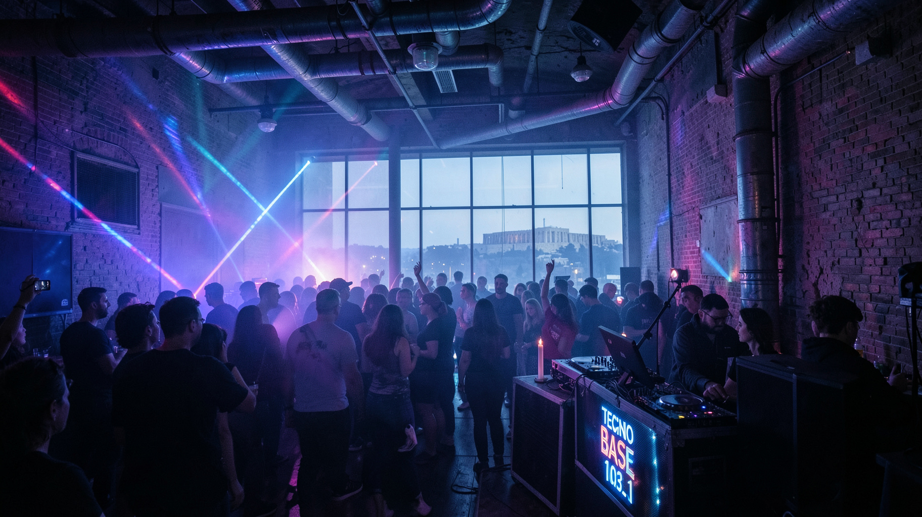 An underground techno club in the Gazi district of Athens with a DJ booth sign reading Techno Base 103.1 and the Acropolis visible through a window