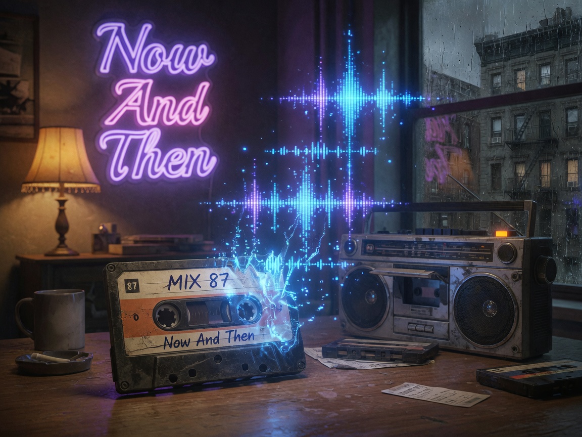 A vintage cassette tape transforming into digital sound waves in a dim New York apartment