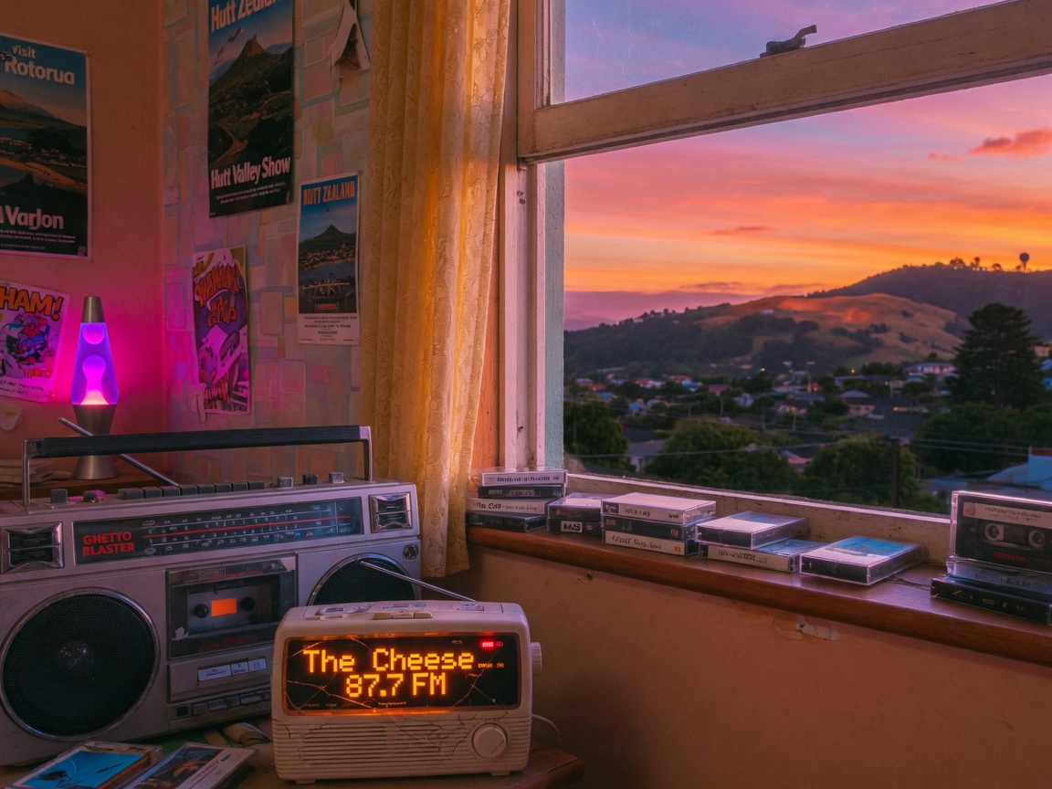 A nostalgic 1980s bedroom scene overlooking the Hutt Valley near Wellington, New Zealand, with a radio glowing The Cheese 87.7