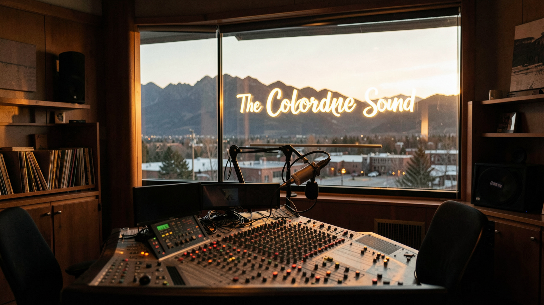 A modern radio studio at golden hour with the Rocky Mountains visible through the window and a backlit sign reading The Colorado Sound