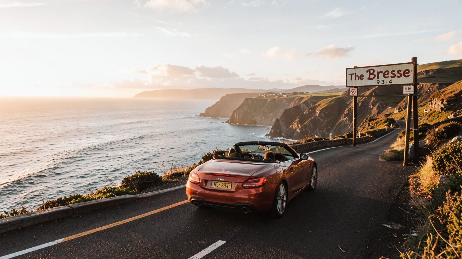 A scenic New Zealand coastal highway at golden hour with a retro roadside sign reading The Breeze 93.4