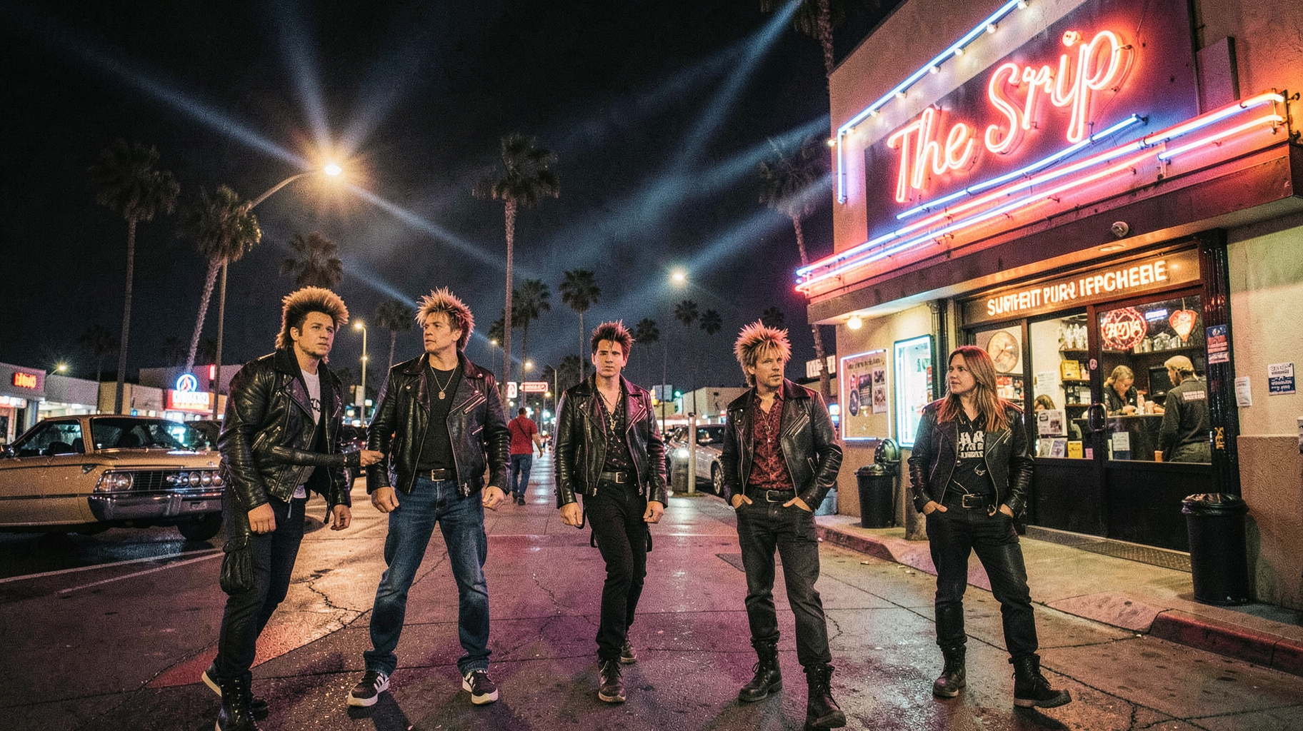 The neon-lit Sunset Strip at night with a glowing sign reading The Strip above a rock club entrance