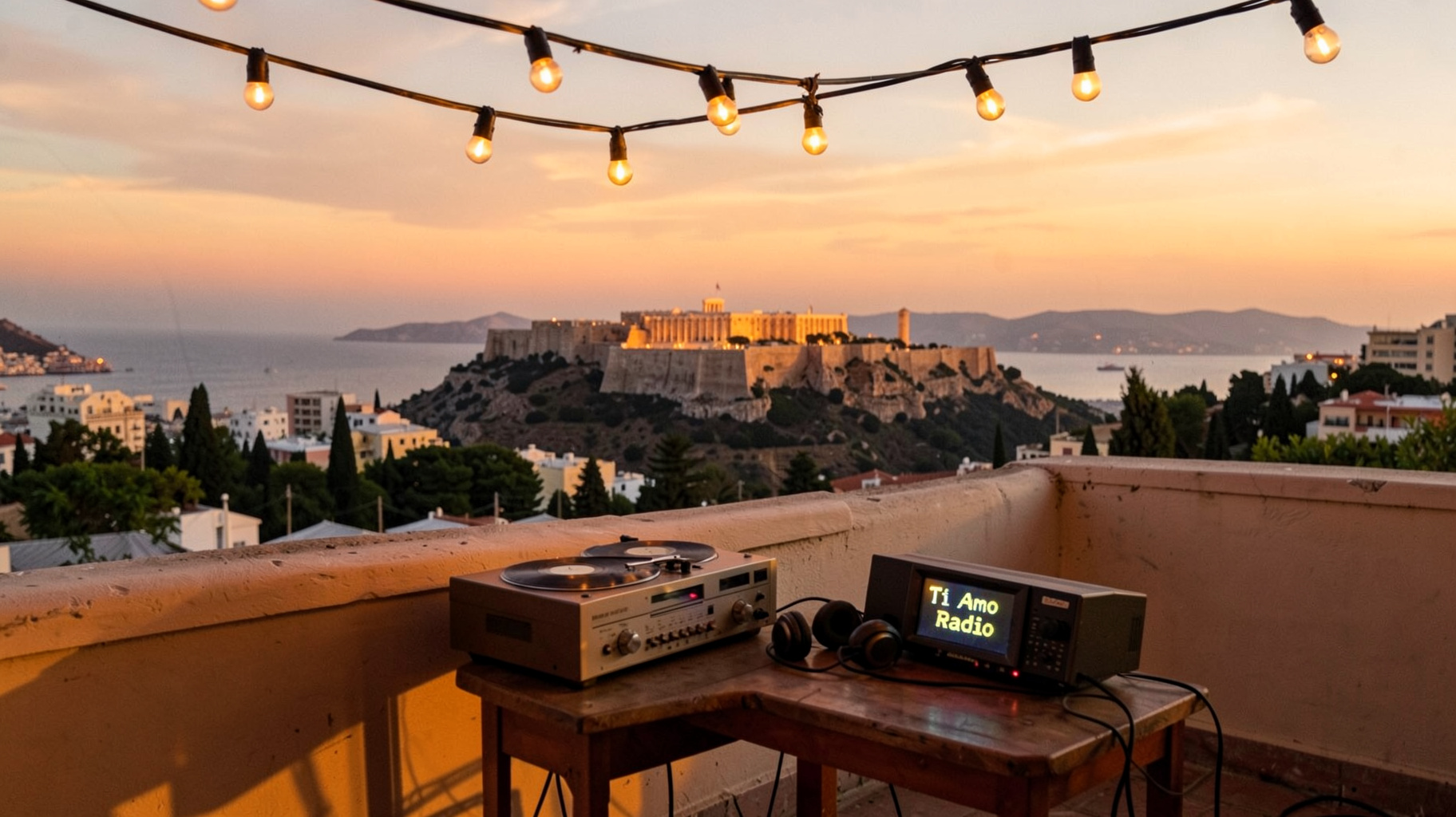 An Athens rooftop terrace at sunset with the Acropolis in the distance and a small radio screen reading Ti Amo Radio