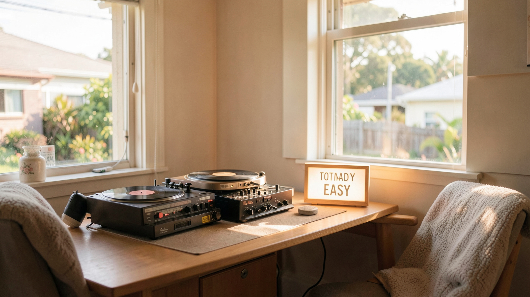 A cozy home-style radio studio in Brisbane with a soft glowing sign reading Totally Radio Easy