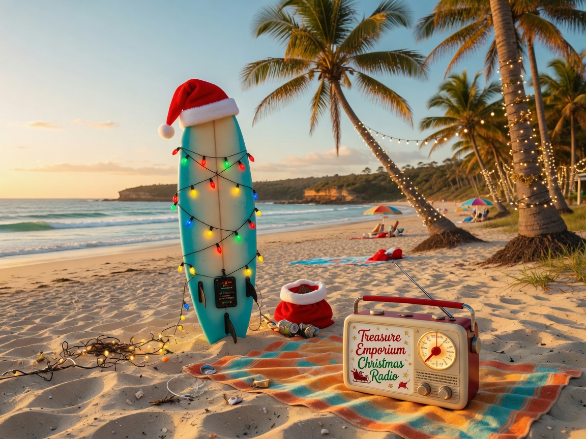 Australian beach decorated with Christmas lights and a Santa hat on a surfboard, inspired by Treasure Emporium Christmas Radio