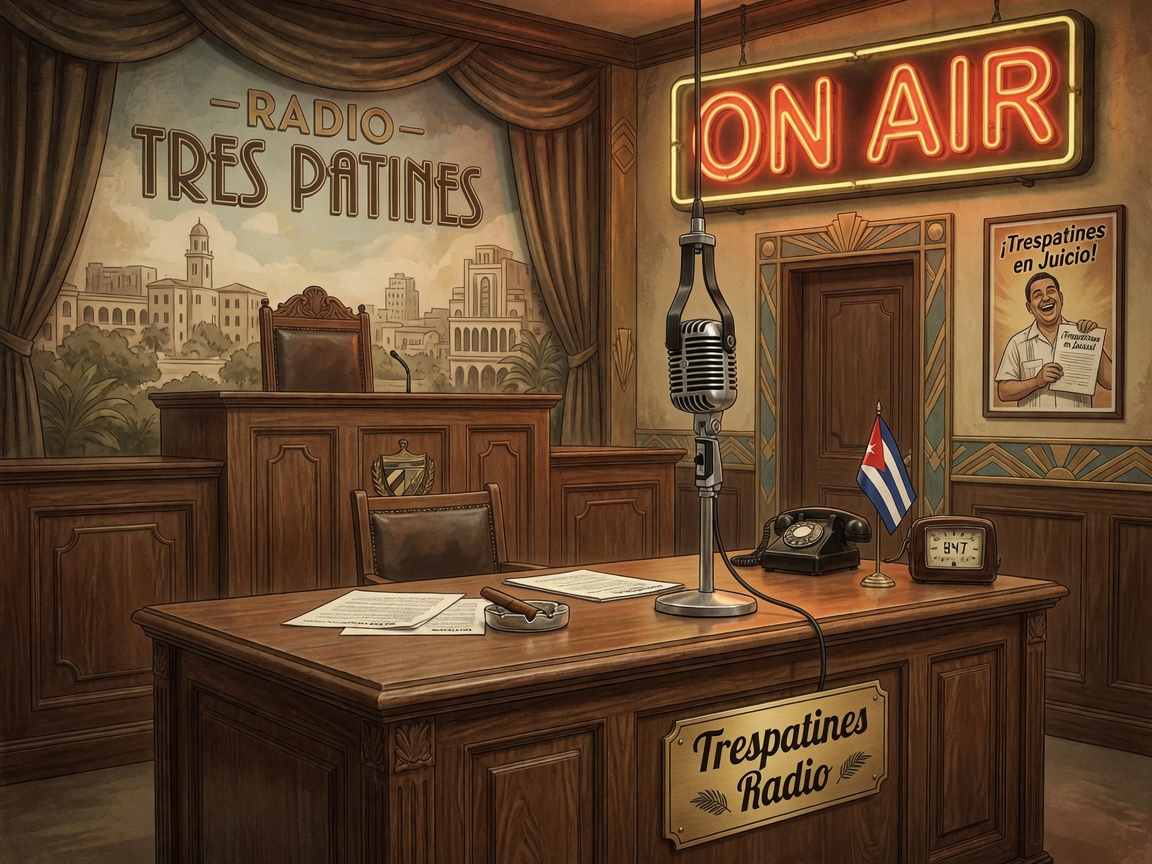 A vintage 1940s Havana radio studio with a ribbon microphone and courtroom themed backdrop