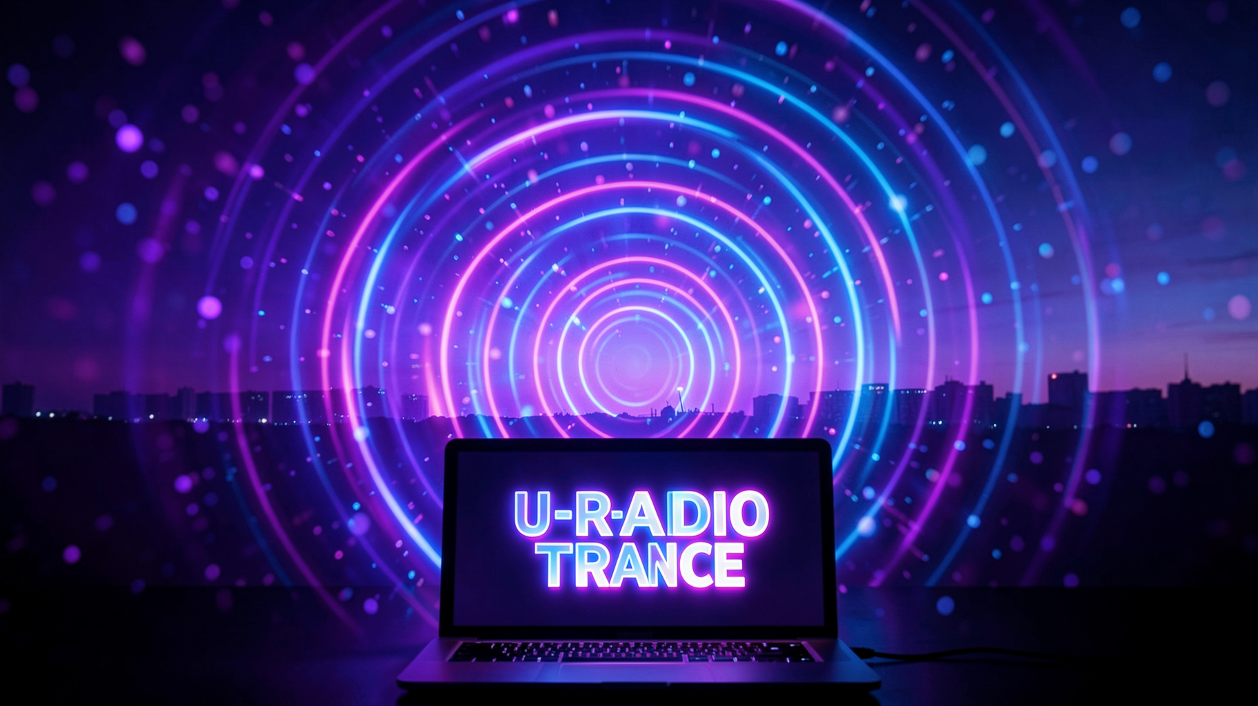 Abstract trance music visualization with glowing waves over a Warsaw skyline