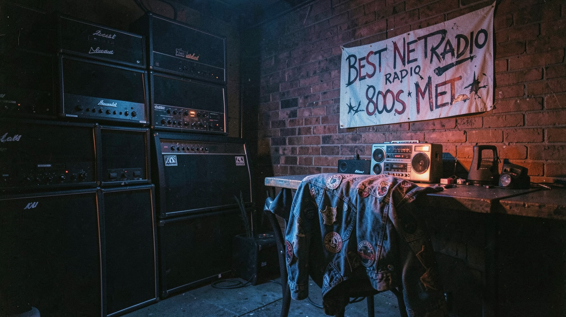 Best Net Radio 80s Metal garage scene with band patches and amplifiers