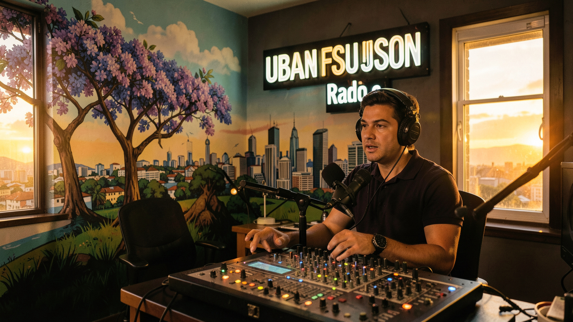 A vibrant community radio studio in Pretoria with a presenter at the mixing desk and an Urban Fusion Radio sign