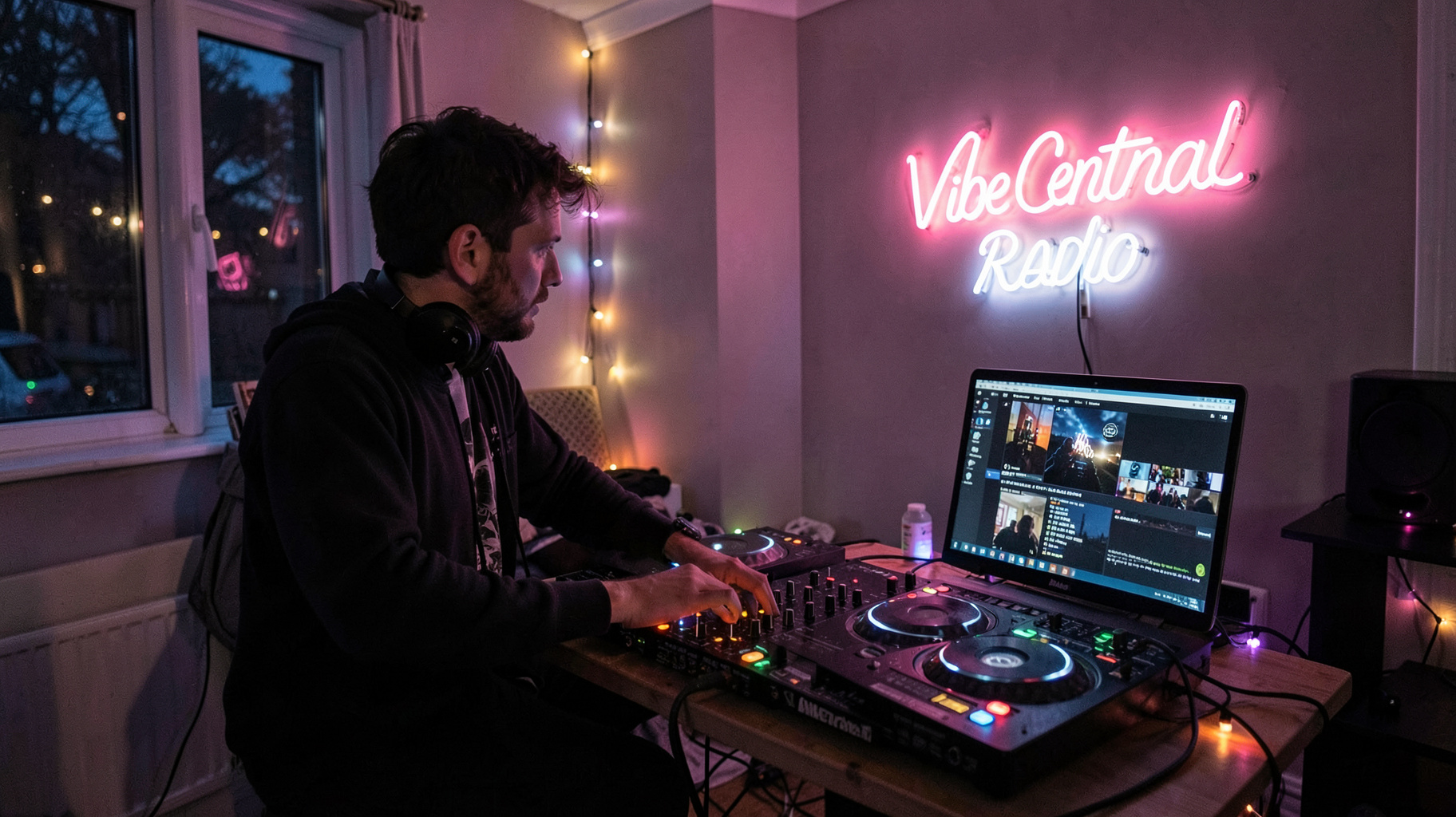 A home DJ setup at night with a Vibe Central Radio neon sign