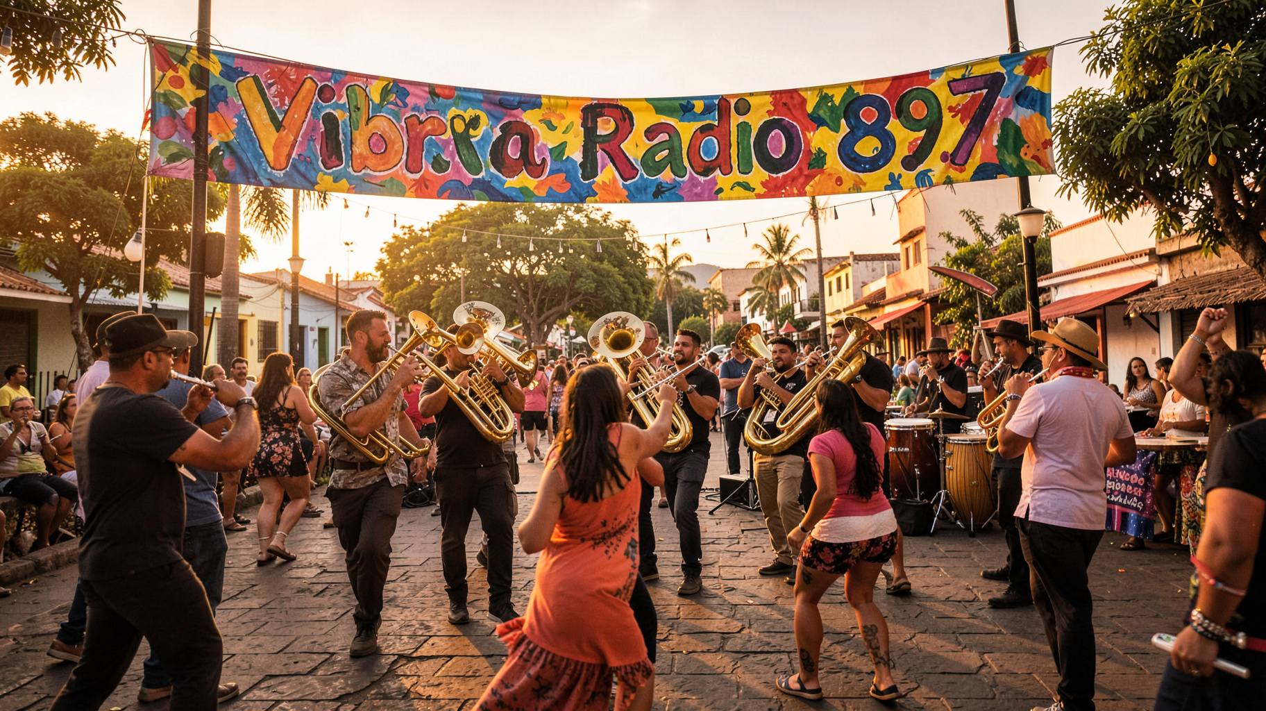 A banda sinaloense brass band performing at a plaza in Guasave with a banner reading Vibra Radio 89.7